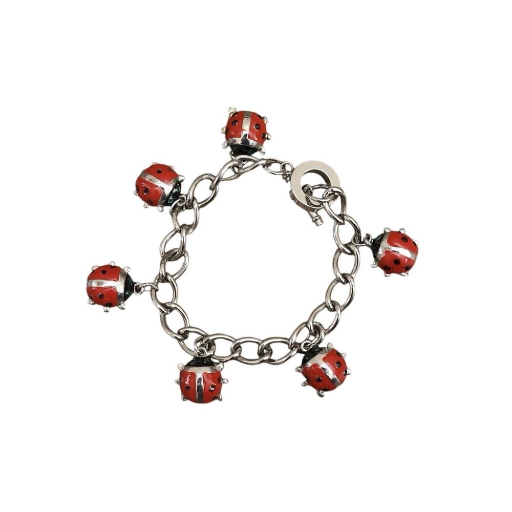 Silver Toned Red Ladybug Dangly Charm Bracelet Y2K Novelty Nostalgia